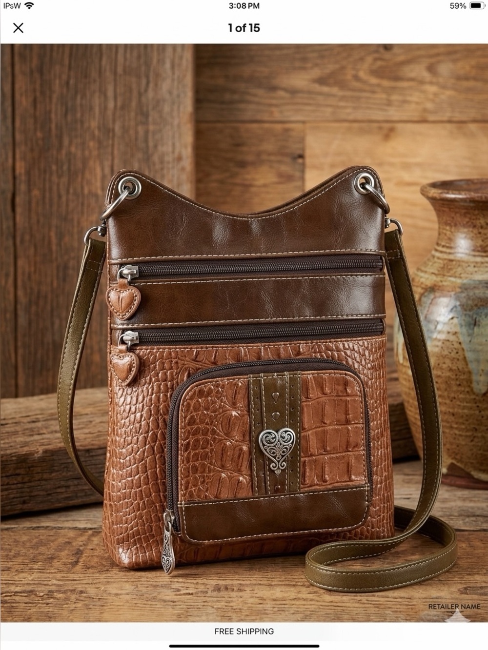 Brighton Brown Croc-Embossed Messenger Bag with Heart Charm
